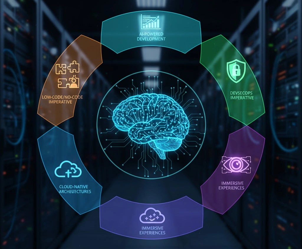 A futuristic graphic representing the convergence of software development trends.